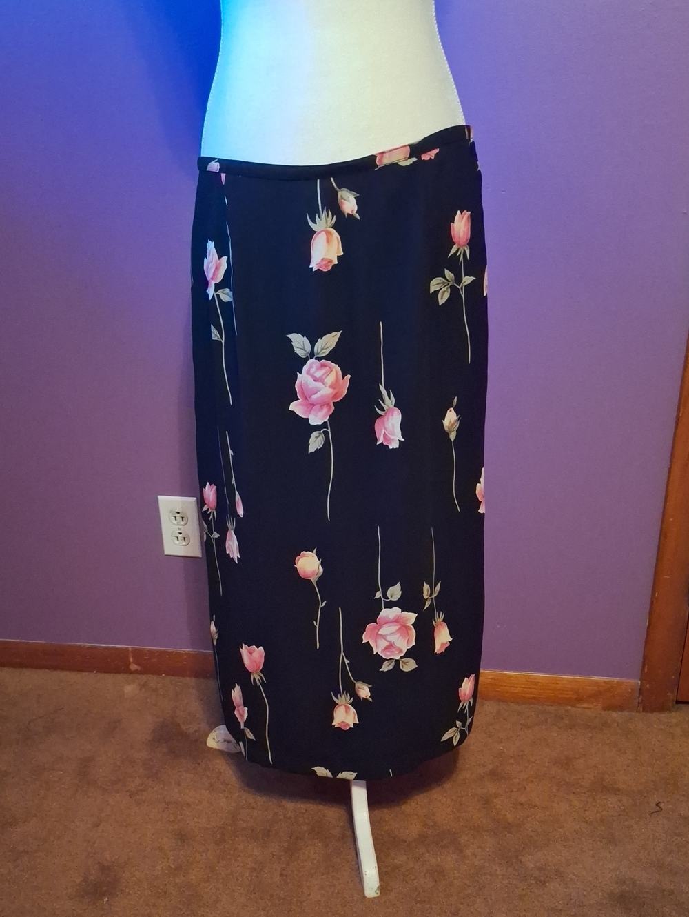 Alfred Dunner Black Maxi Skirt with Pink Rose Print